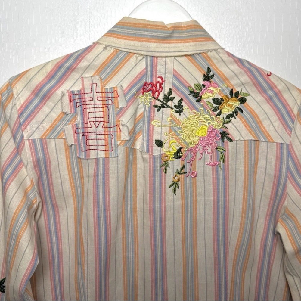 AZI Embroidered Stripe Blouse Western Boho Floral Detail Raw Hem M - Picture 7 of 13